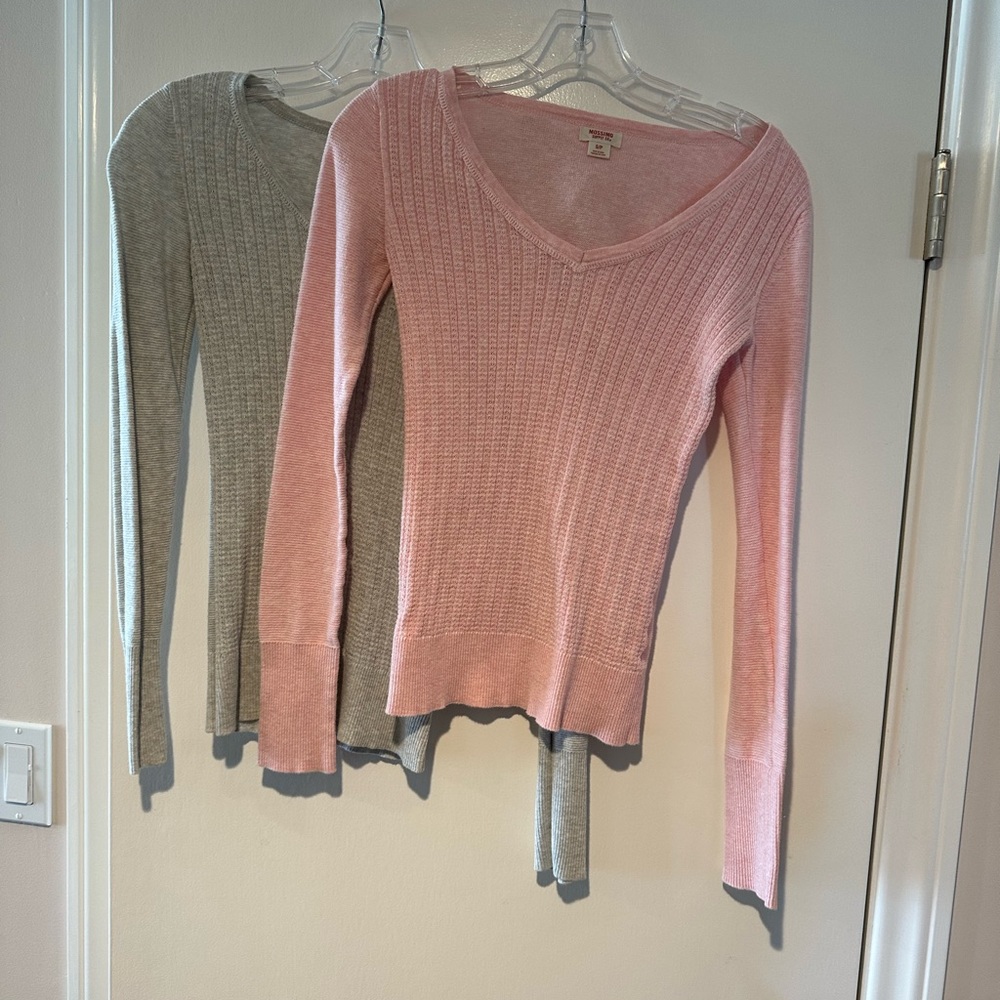 Mossimo Supply Co, 1 pink and 1 gray light weight, V-neck sweaters, size small.